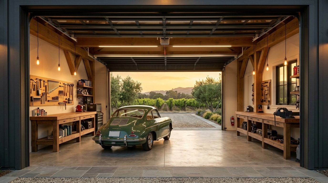Leblanc Garage Door Solutions Interior View of Custom Garage Door Overhead and Workshop